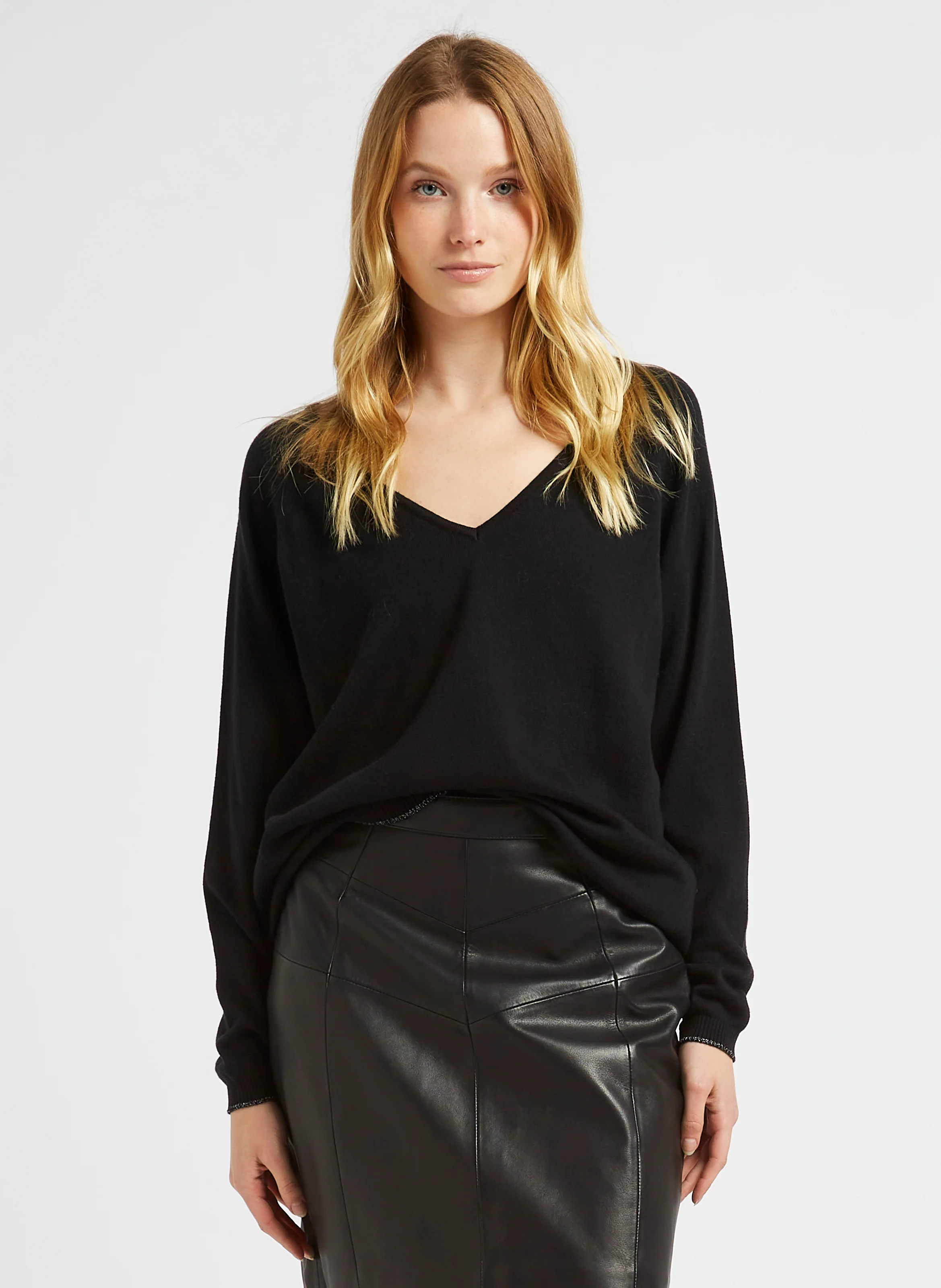 TOWSVILLE - Pull col V jacquard en coton et laine| Noir