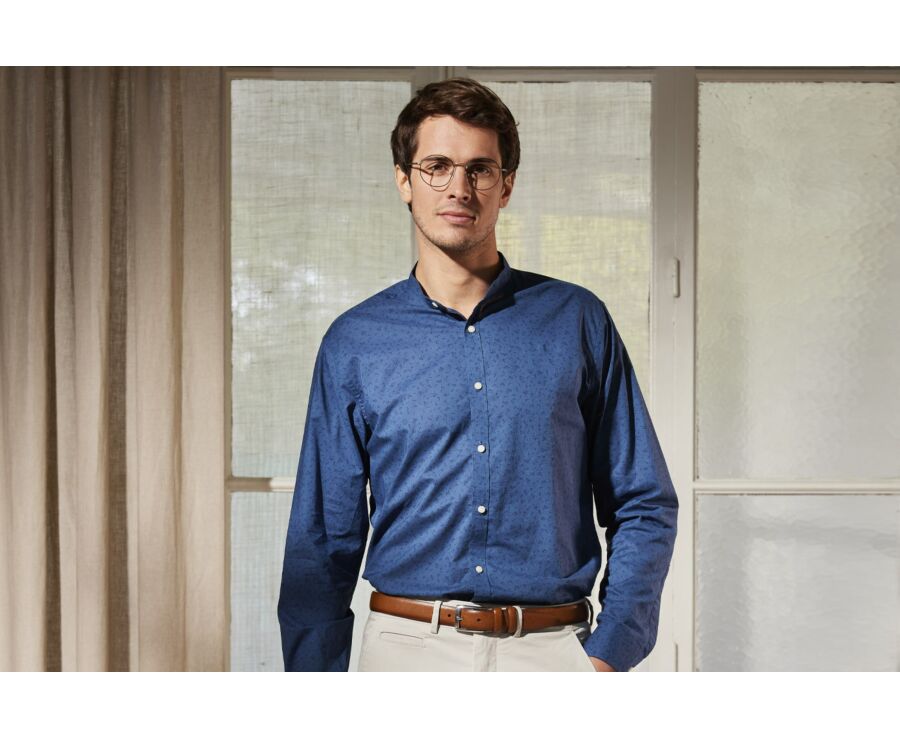 Chemise coton lin homme bleue imprimé fleuri - SIGISBERT
