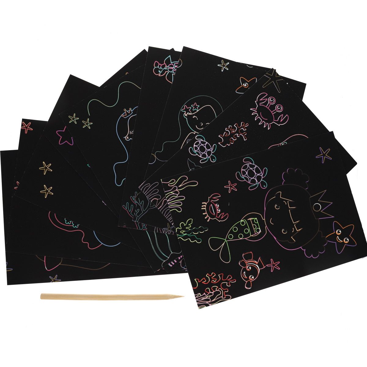 Lot de 9 cartes de coloriage à gratter sirènes Mercredi et Patati