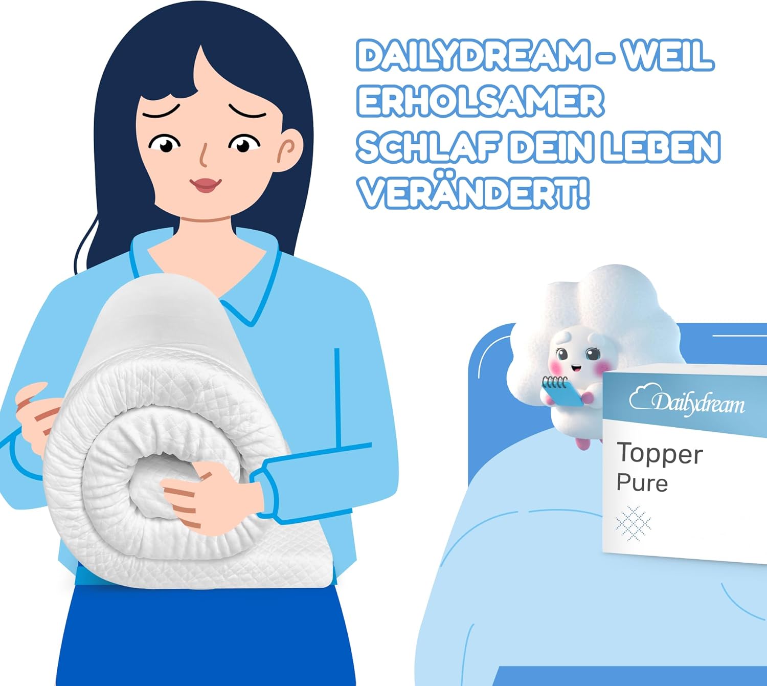 Dailydream Matratzen Topper 140x200cm | Memory Foam | 3,5cm hoch | Edition Pure, Model S | Zertifiziert & ergonomisch für unbequeme Matratze, Boxspringbett & Gästebett | Mattress Topper 140x200