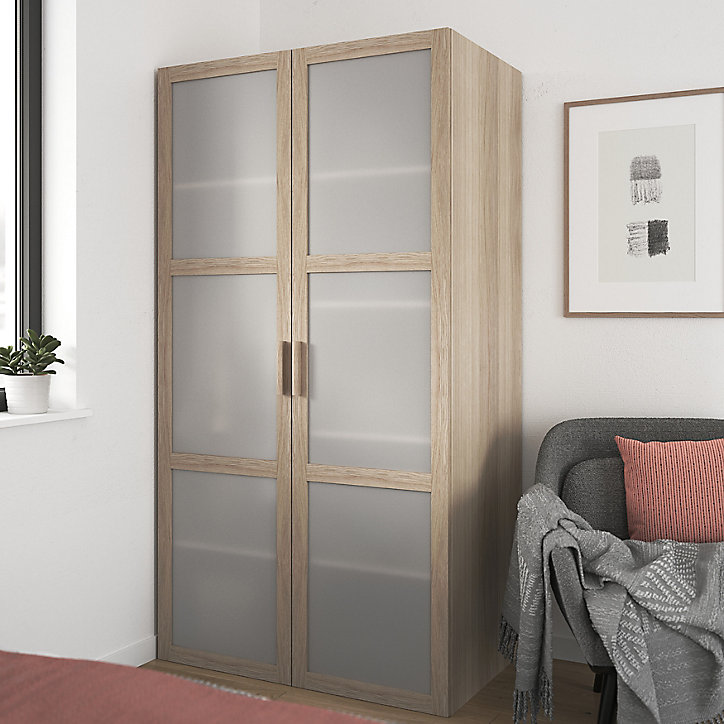 Armoire penderie effet chêne portes battantes en verre opaque GoodHome Atomia H. 187,5 x L. 100 x P. 60 cm