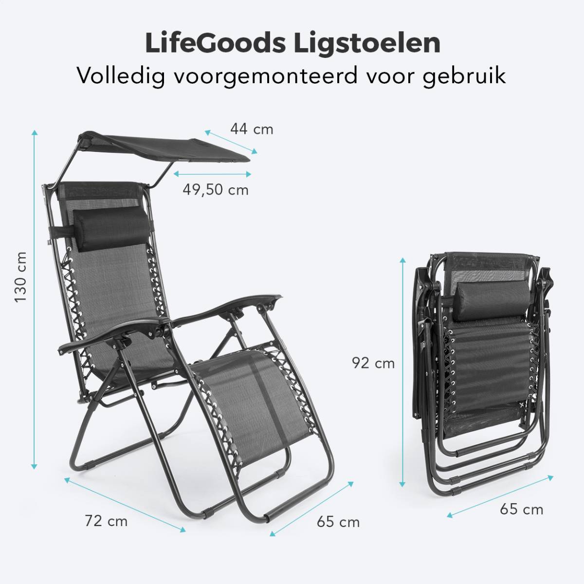 LifeGoods set van 2 relaxstoelen met zonnescherm - Black