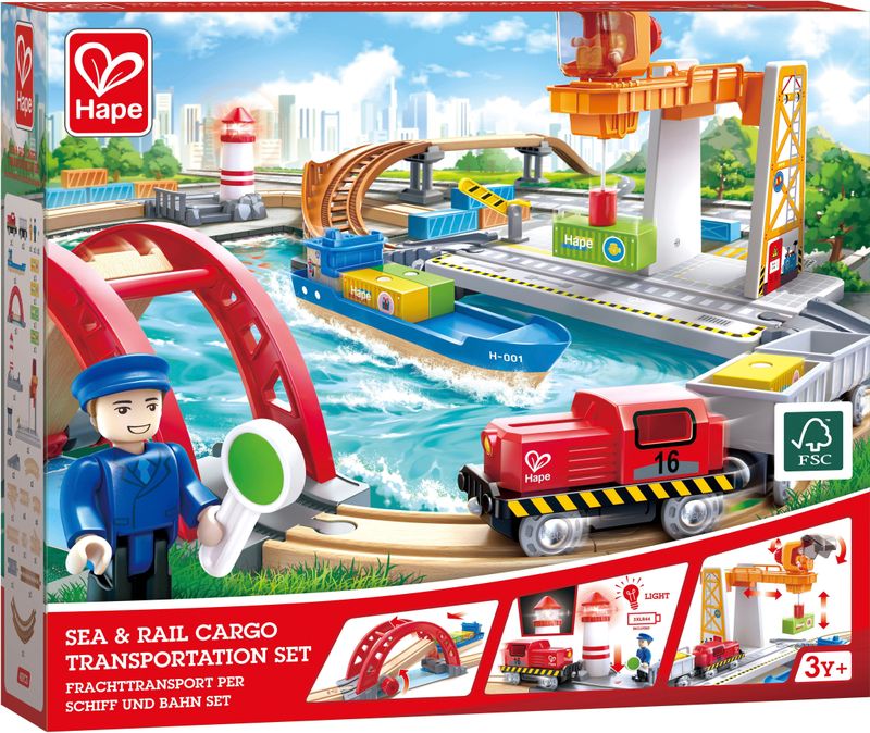 HAPE - Maritieme en Spoorweg Goederenset - Houten Treinbaan - Vrachtschip - Speelgoed
