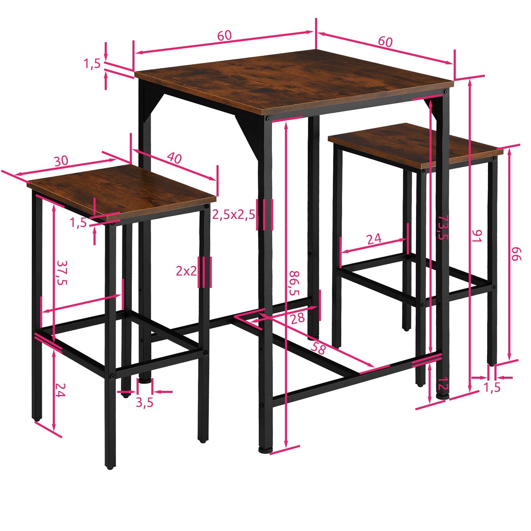 tectake® Barset, 3-teilig, Industrial Style, mit höhenverstellbaren Kunststofffüßen