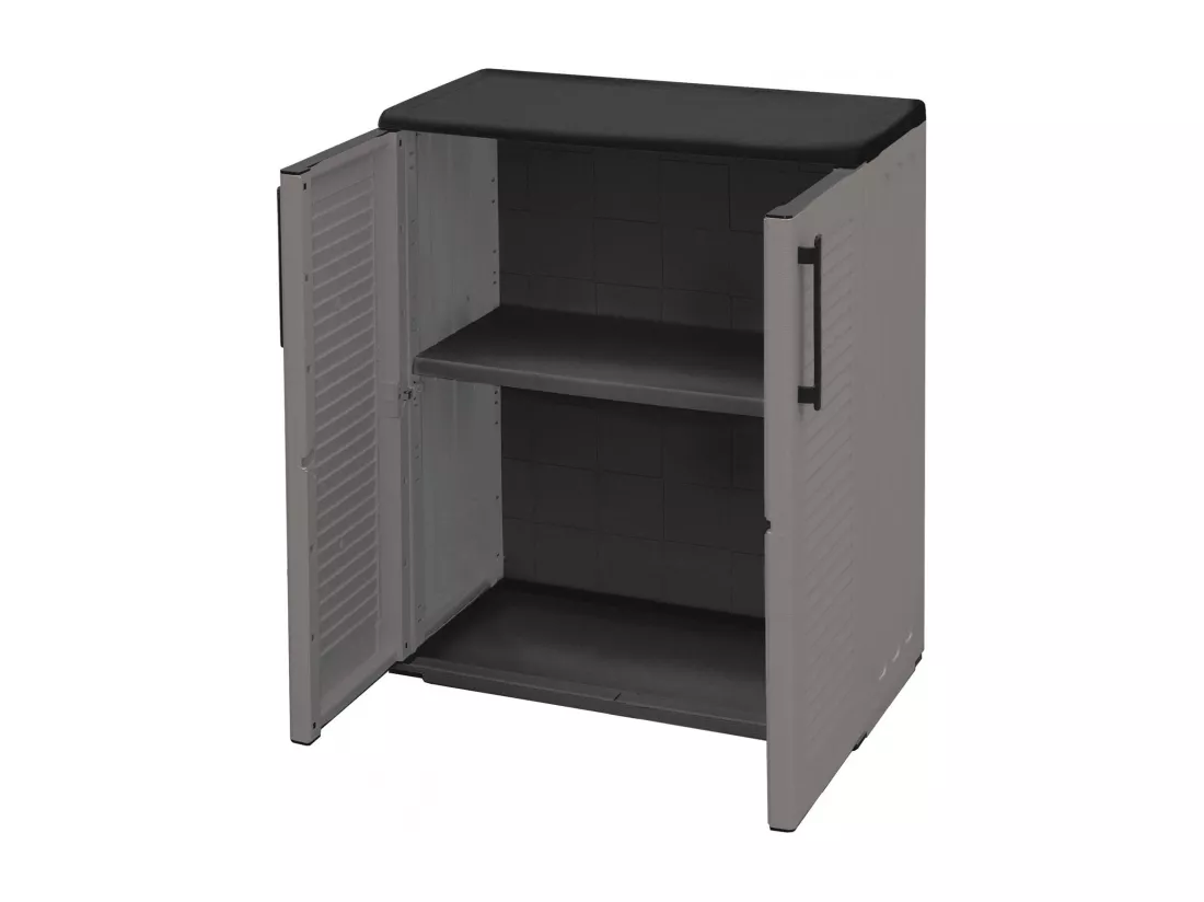 Armoire d'extérieur Mol, Armoire de balcon polyvalente, Armoire d'extérieur avec 2 portes, 100% Made in Italy, 68x37h84 cm, Finition rayée, Gris et Noir