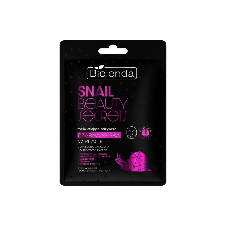 Bielenda SNAIL BEAUTY SECRETS Aufhellende und pflegende schwarze Blattmaske mit gefiltertem Schneckenschleim, 1 Stück
