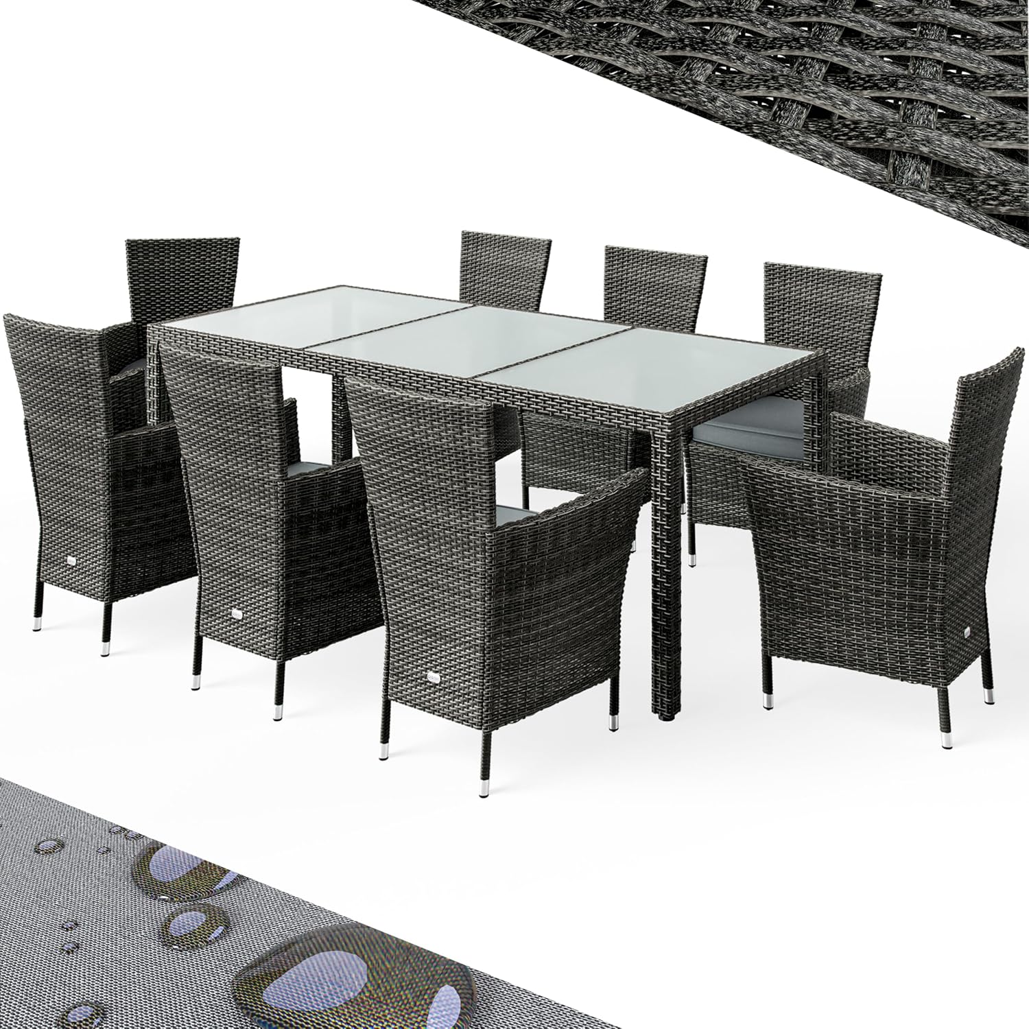 Casaria® Gartenmöbel Polyrattan 8 Stühle Stapelbar 190x90cm Gartentisch Glas Wetterfest Outdoor Modern Terrasse Sitzgruppe Essgruppe Garnitur Set Grau