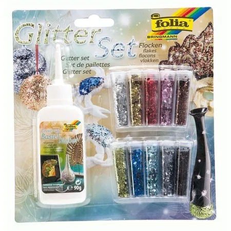 folia Glitterset Flocken, bestehend aus Bastelkleber und 10 Dosen Glitter-Streuteile
