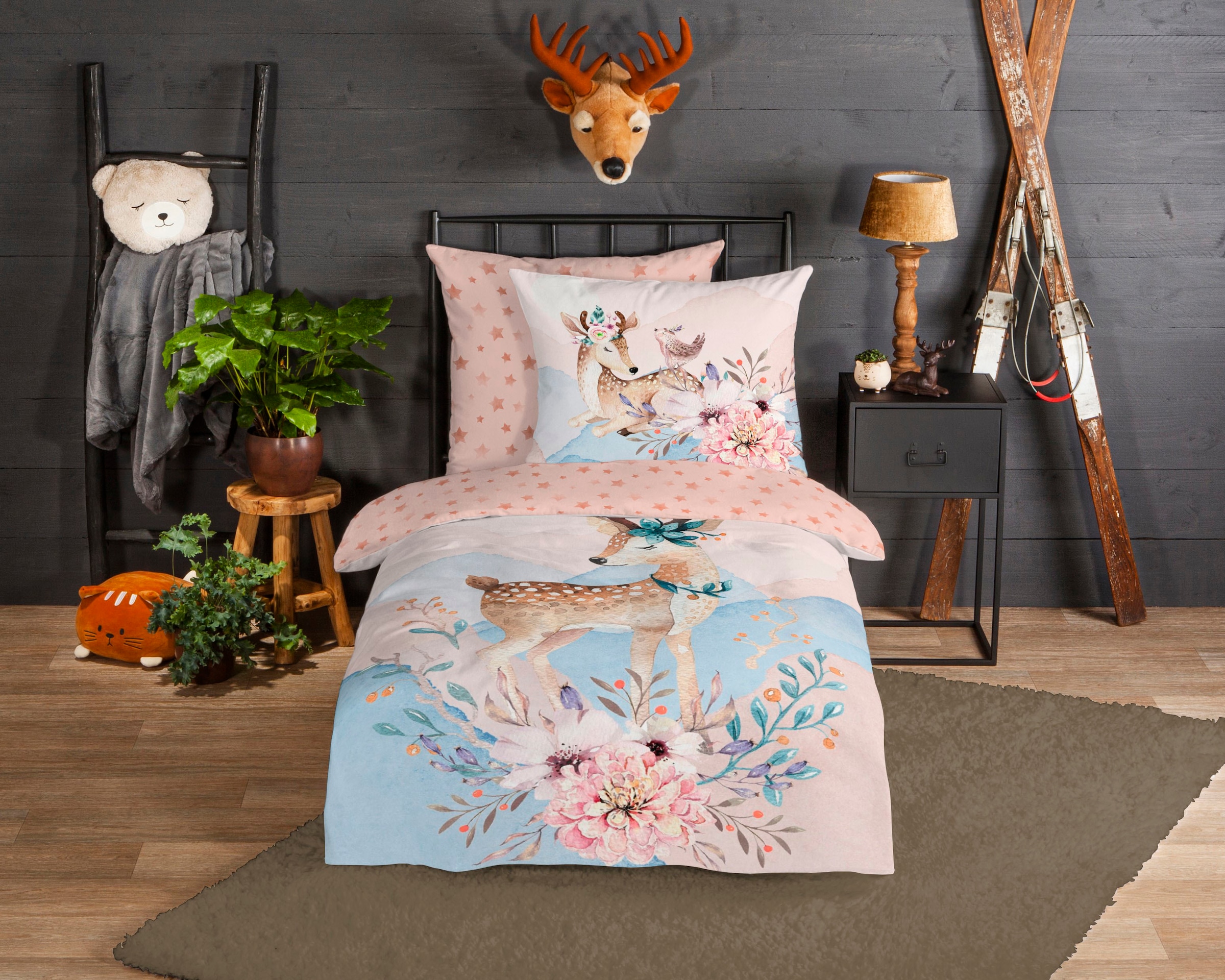 good morning Kinderbettwäsche »Josy« 2 Stk. tlg. Biber, 135x200, Warm, Reissverschluss, Wendeoptik, Mädchen Kind, Hirsch