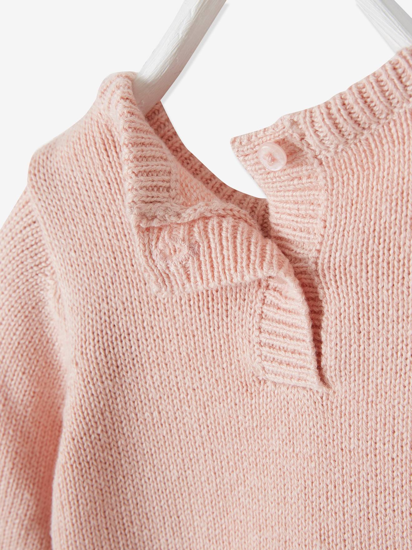 Suéter natalino para bebê com pinheiro e pompons em rosa claro liso.