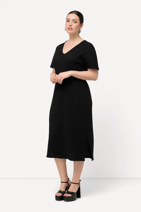 Midikleid, Strukturjersey, V-Ausschnitt, Halbarm