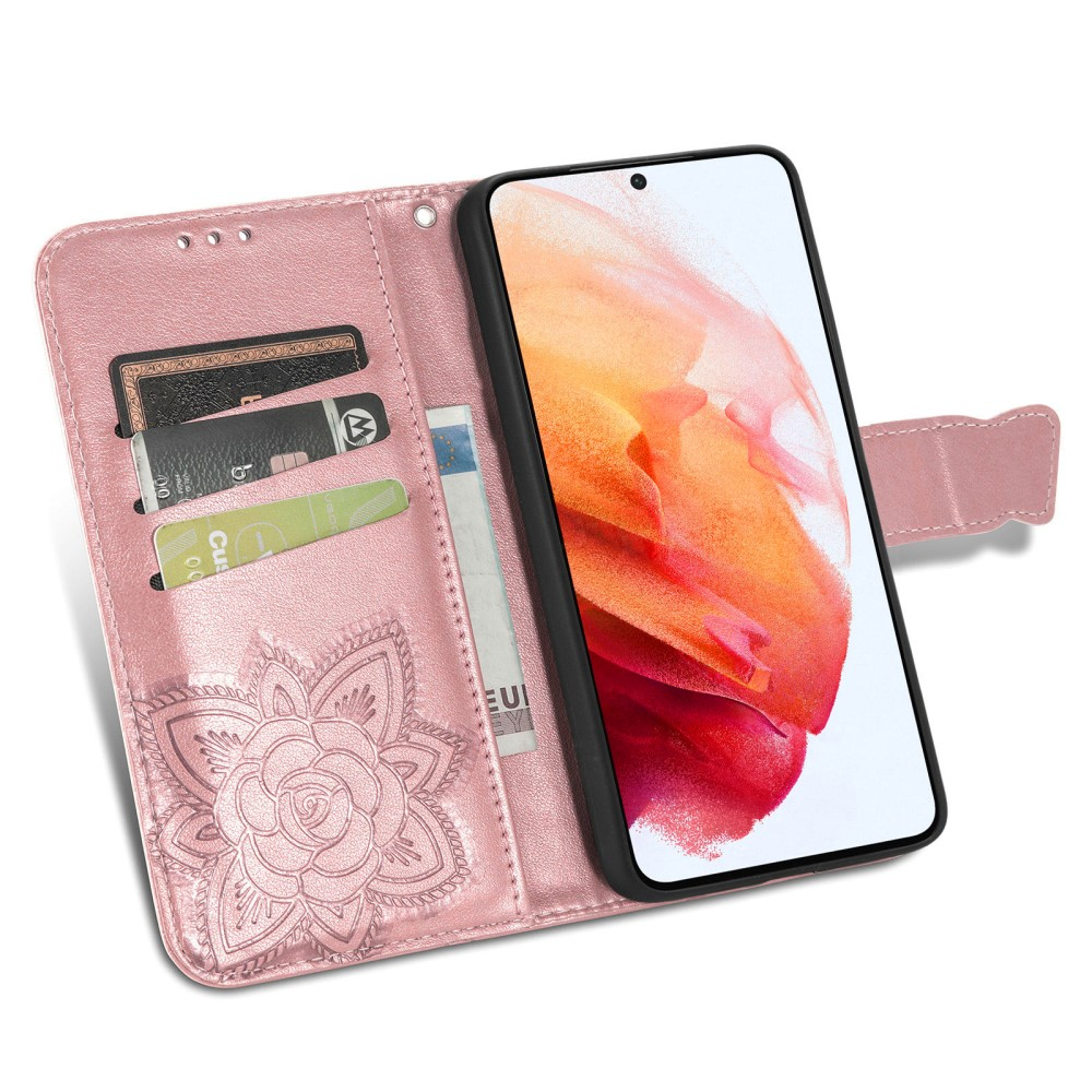 Samsung Galaxy S21 FE 5G Leder Tasche Flip Cover Schmetterlinge Imprint - Roségold