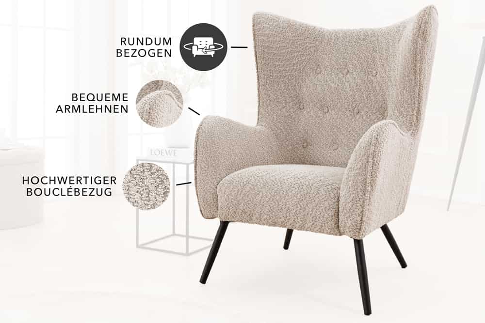 Design XL Sessel AMSTERDAM greige Bouclé schwarze Metallbeine Retro Stil