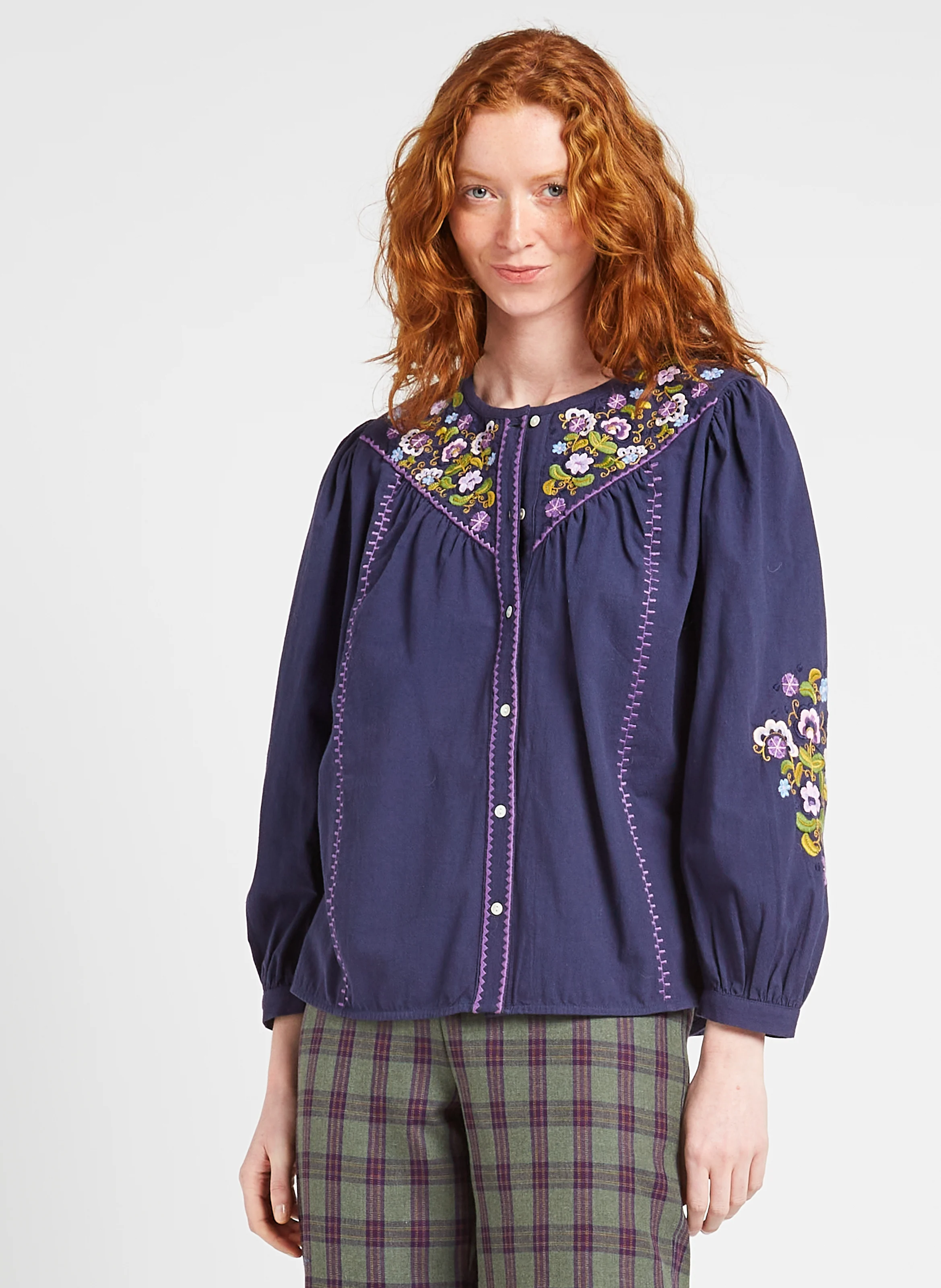IZZANA - Blouse ample brodée en coton bio | Bleu