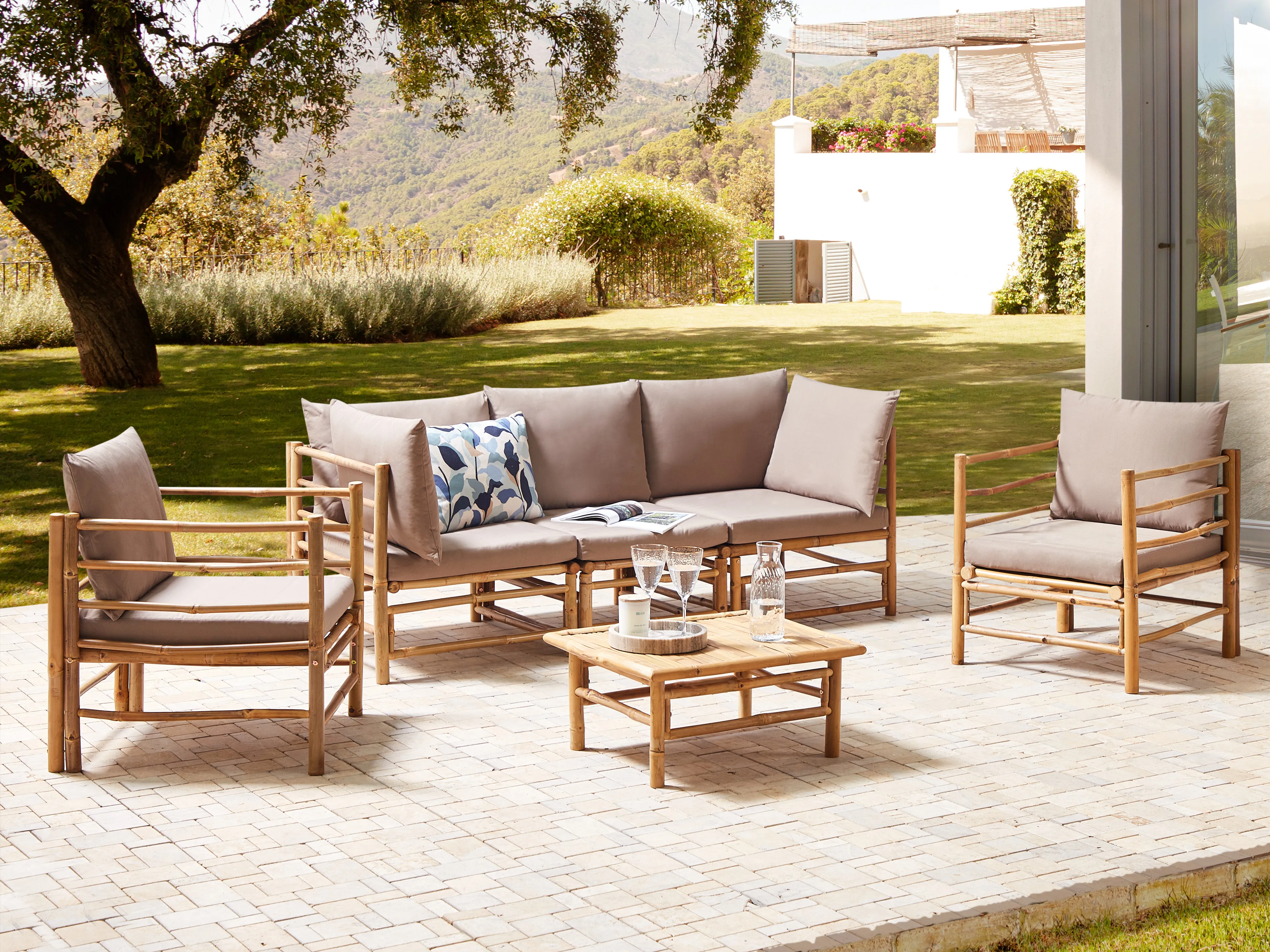 Loungeset met tafel 5-zits CERRETO Bamboehout Taupe