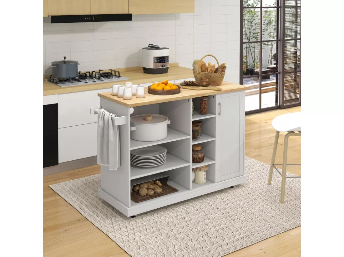 Desserte de cuisine îlot multi-rangement MDF blanc plateau bois hévéa verni
