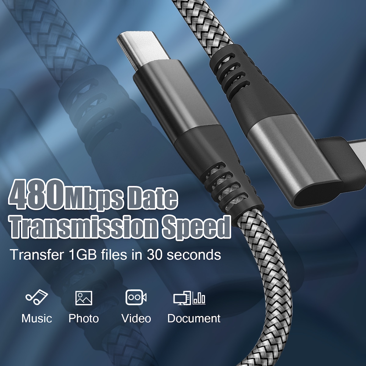 USB C-lader med vinklet kontakt 60W PD hurtiglading Sort 1 m