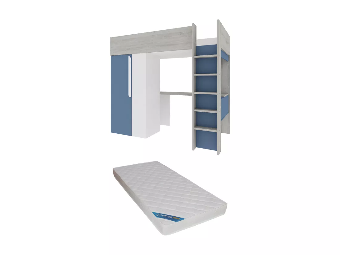 Lit mezzanine 90 x 200 cm avec armoire et bureau - Bleu et blanc + matelas - NICOLAS
