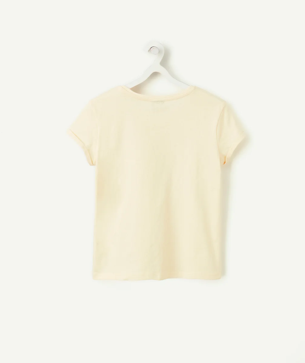 t-shirt fille en coton bio jaune avec perroquets en sequins réversibles colorés