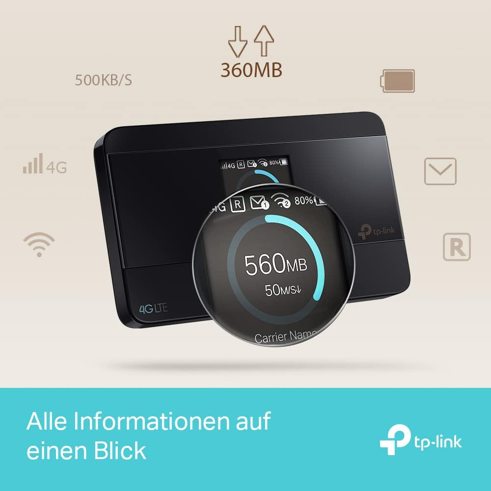 (150 Mbit/s) Mobiler Hotspot mit LED Display 4G/LTE WiFi Router   Mini SIM Karten Slot / microSD Karten Slot (2000mAh) (M7350) - Schwarz