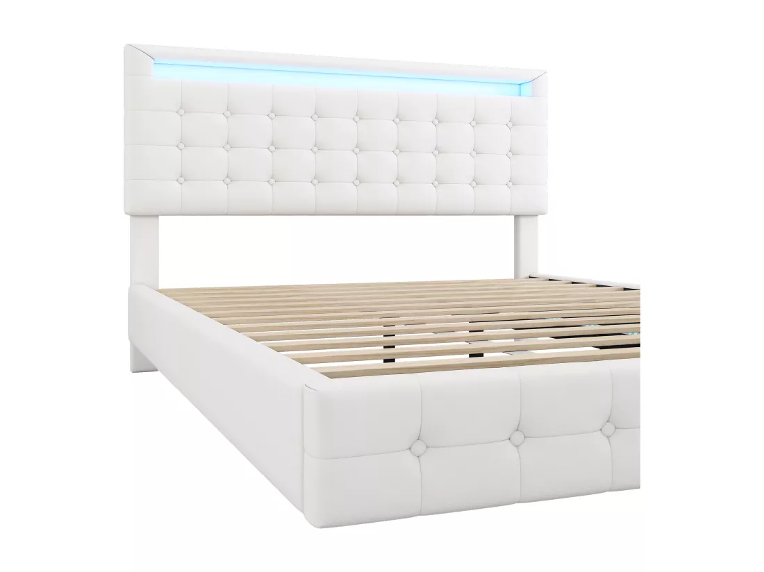 Lit adute 140x200cm en similicuir - avec LED et télécommande - Blanc