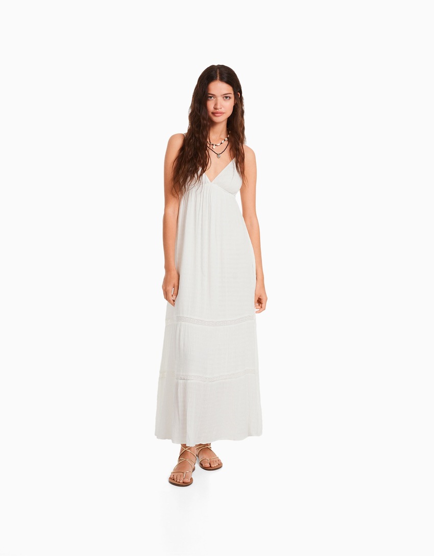Vestido longo de crepe com alças