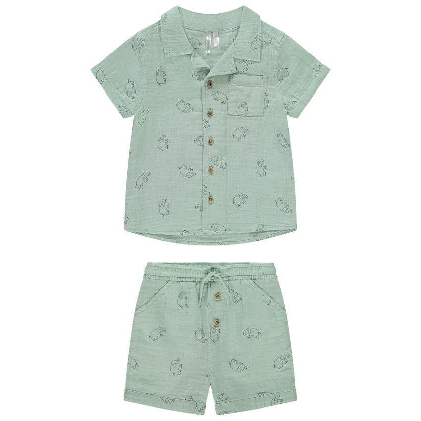Ensemble 2 pièces double gaze imprimé éléphants pour bébé garçon - Vert