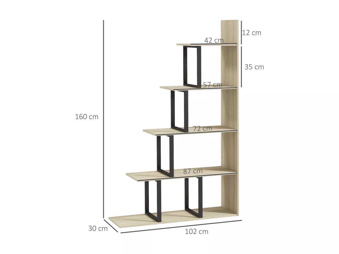 Étagère bibliothèque séparateur de pièce style industriel en escalier 5 étagères acier noir panneaux aspect bois chêne clair