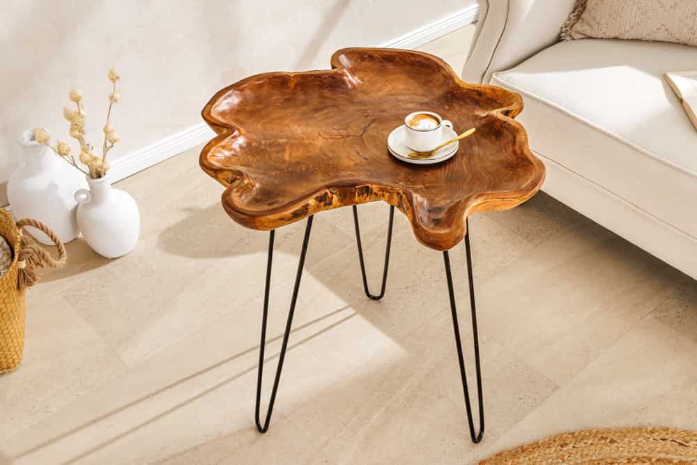 Einzigartiger Beistelltisch WILD 65cm natur Teakholz Hairpin Legs Couchtisch