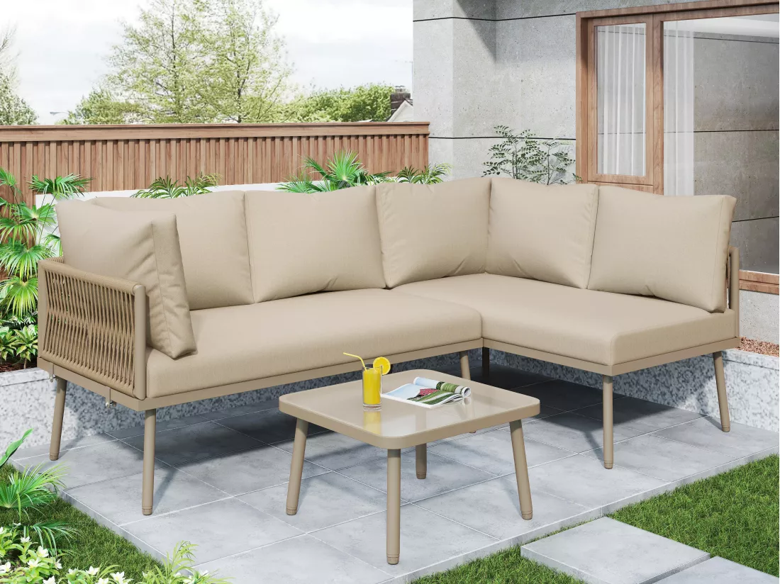 Ensemble de chaises longues de jardin en fer - Ensemble de meubles de jardin en forme de L - Avec coussins d'assise - Pieds réglables - 2 canapés + 1 table - Kaki