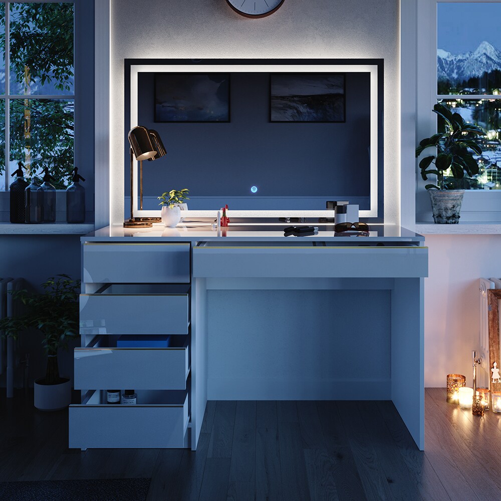 Vicco Schminktisch Sherry Weiß Hochglanz Gold 120 x 75 cm 5 Schubladen LED-Spiegel