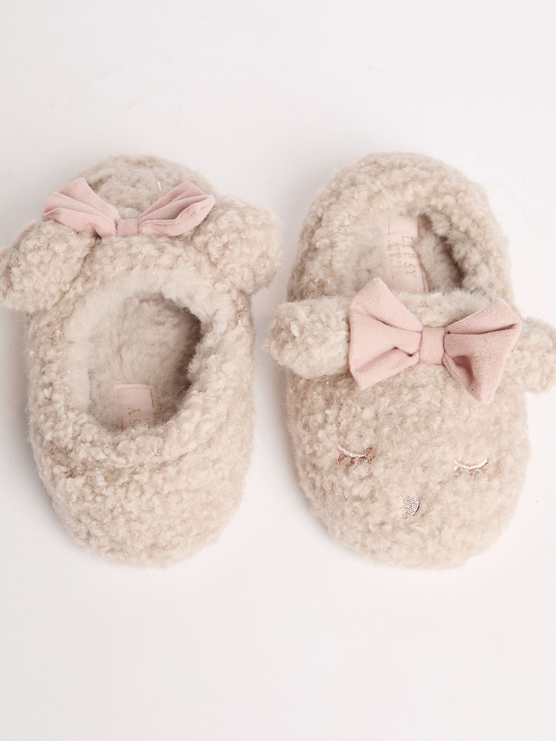Lipsy Faux Fur Teddy Bear Fluffy Bow Closed Toe Mule Slippers