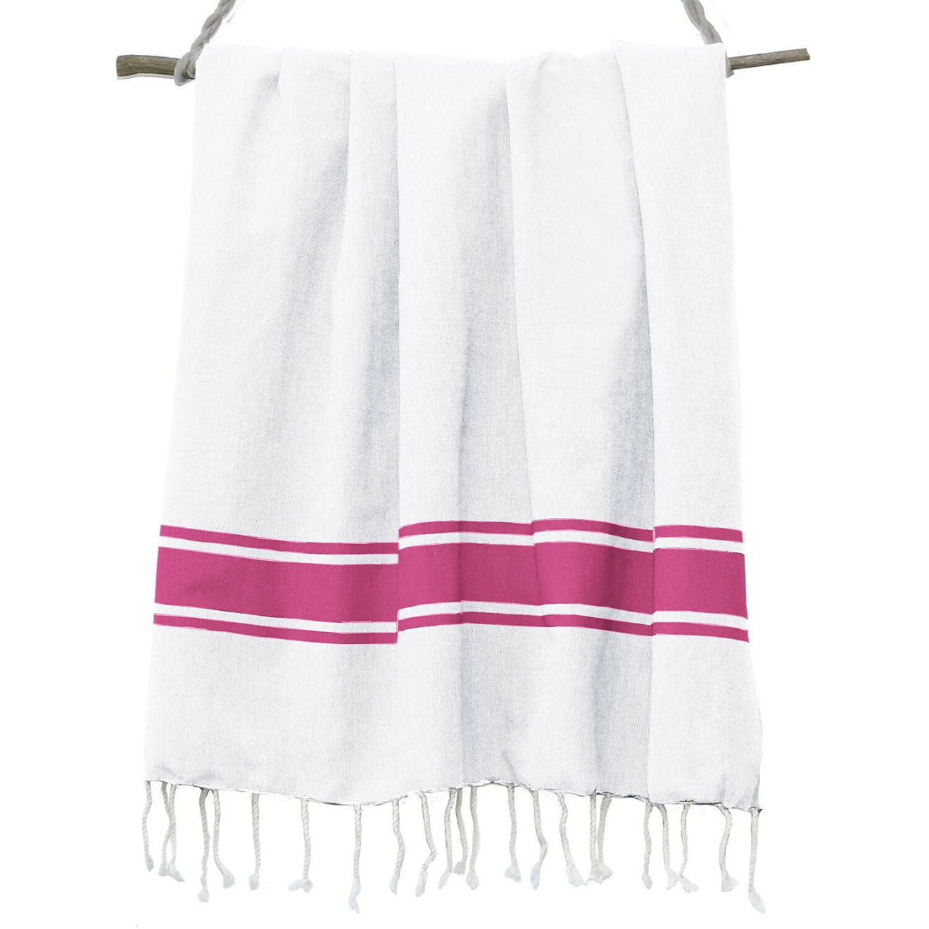 Febronie Fouta Traditionelle St Tropez blanc/rose fuschia  - 100x200 cm