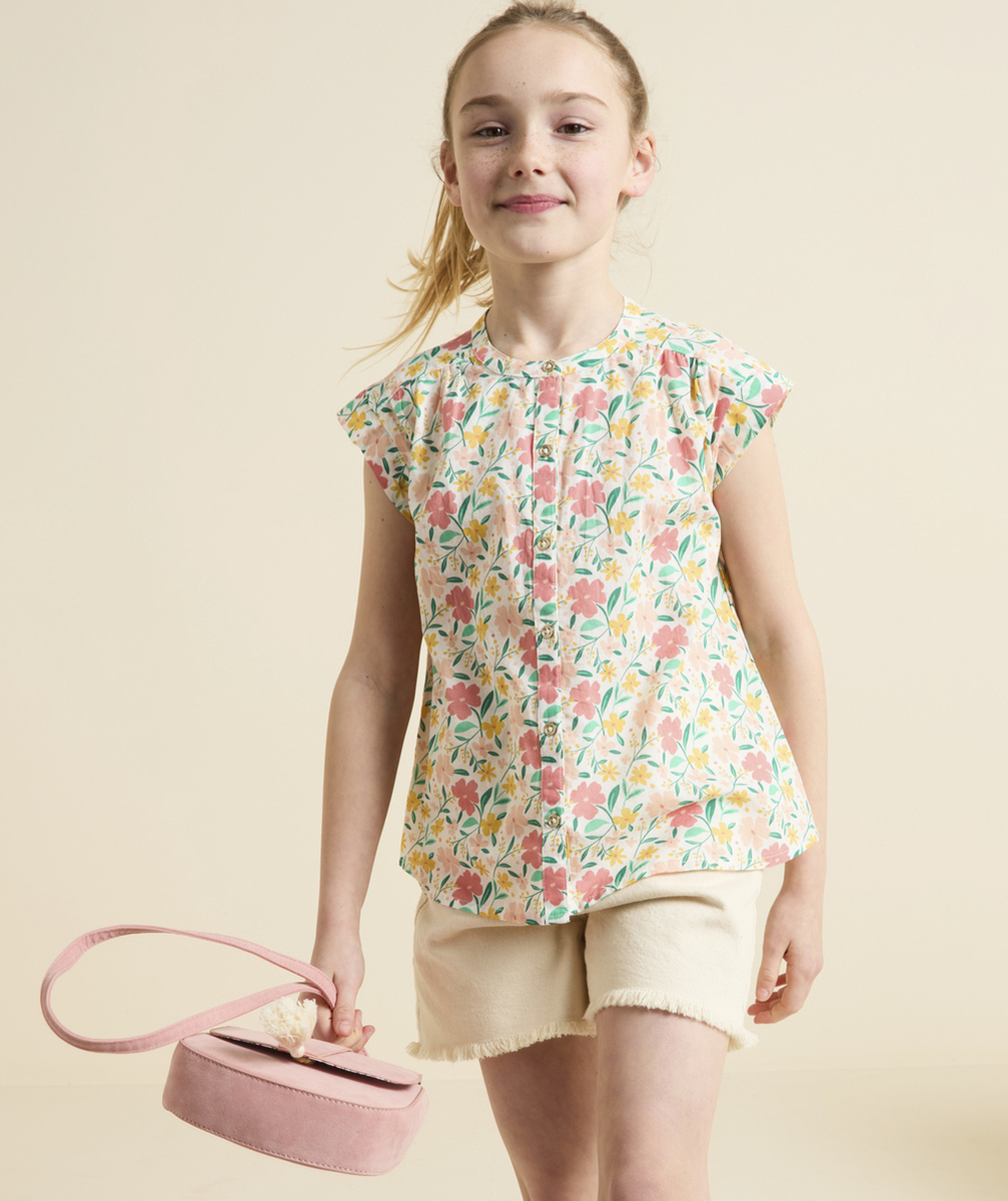 BLOUSE MANCHES COURTES FILLE EN COTON IMPRIMÉ AVEC FLEURS COLORÉES
