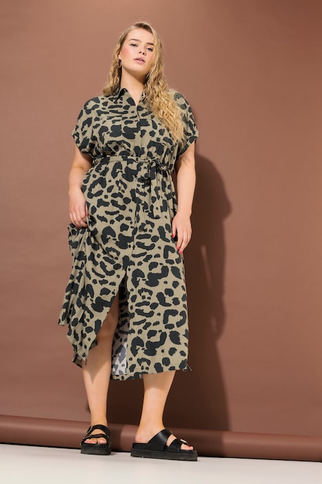 Maxikleid, oversized, Leo-Print, Hemdkragen, Halbarm