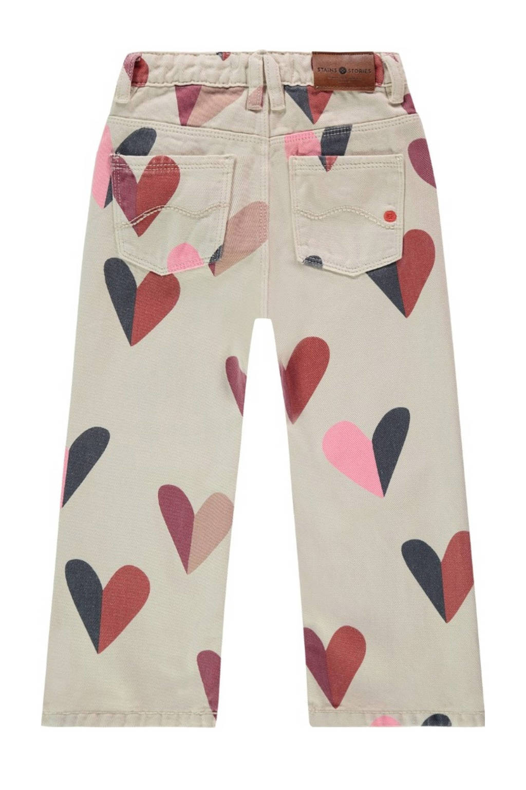Stains&Stories wide leg broek met hartjes ecru/roze