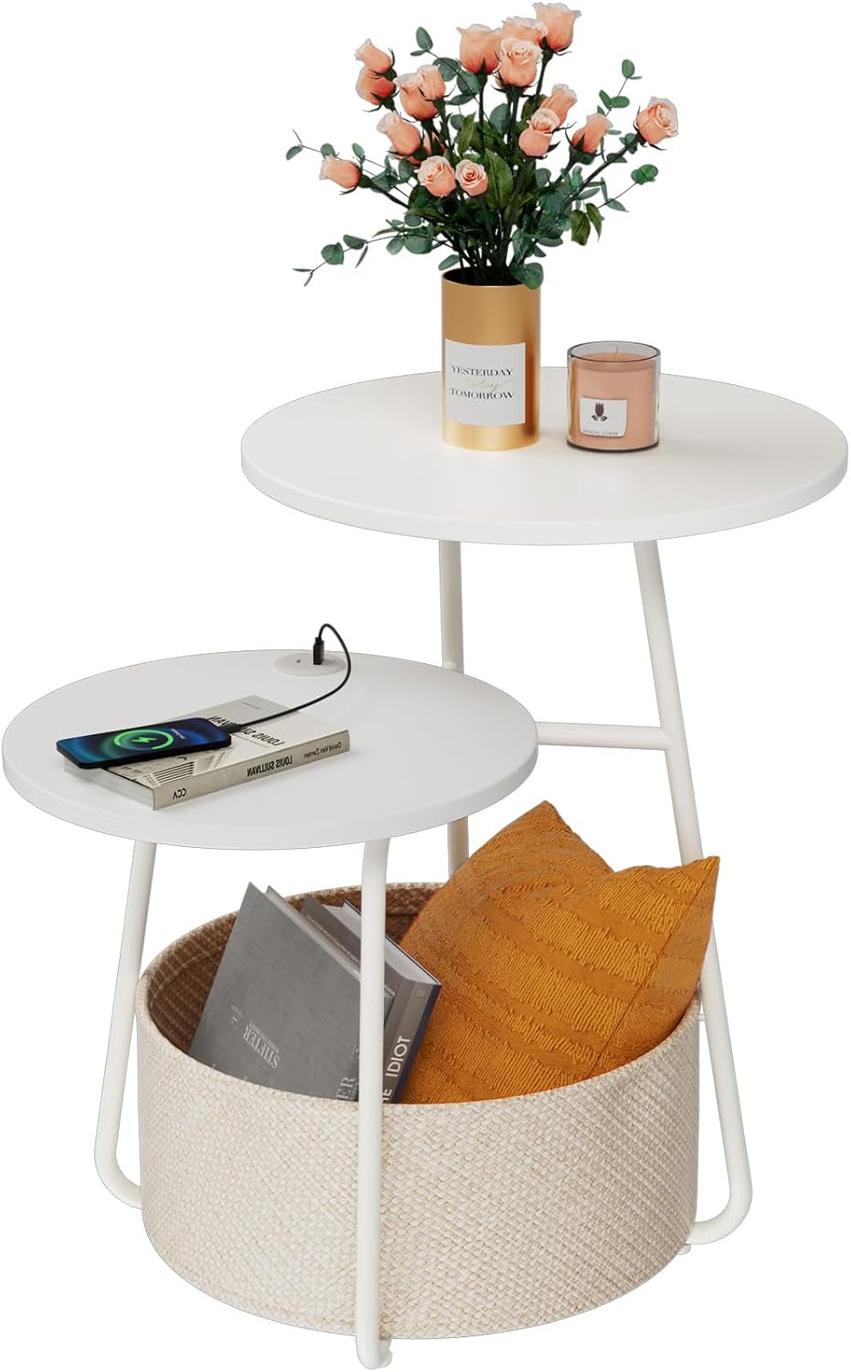 Rolanstar Beistelltisch Rund, Kleiner Tisch mit Ladestation, Runder Couchtisch mit großem Stoffkorb & 2 Ebenen, Moderner Nachttisch für Wohnzimmer & Schlafzimmer (Weiß)
