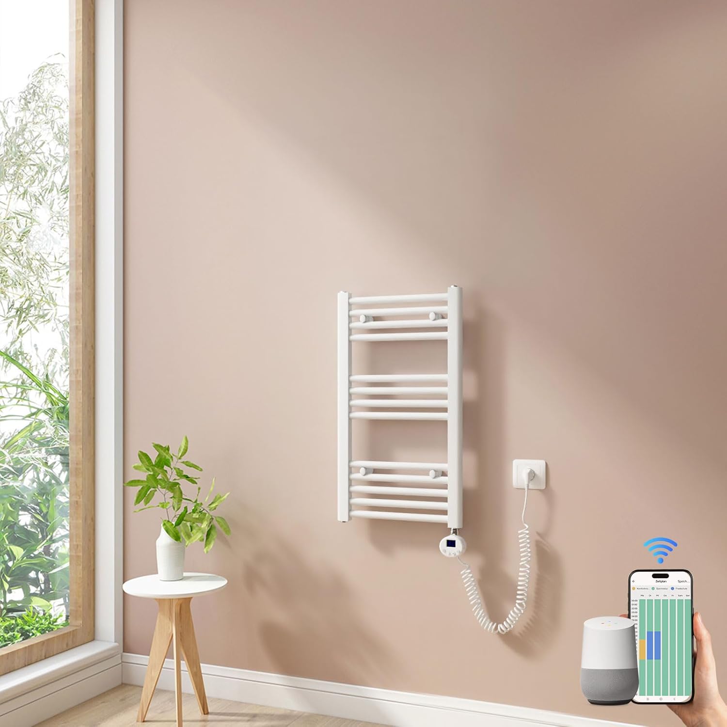 Heilmetz Smart WiFi Badheizkörper Elektrisch 70x40cm Elektrischer Handtuchtrockner mit Thermostat und Timer-Funktion Gerade Handtuchheizkörper Weiß 300W