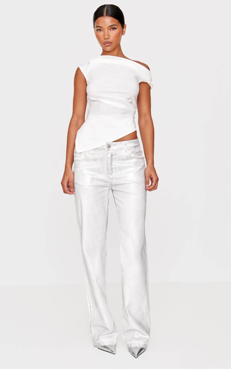 Blanc Jean Large Taille Basse À Effet Métallisé