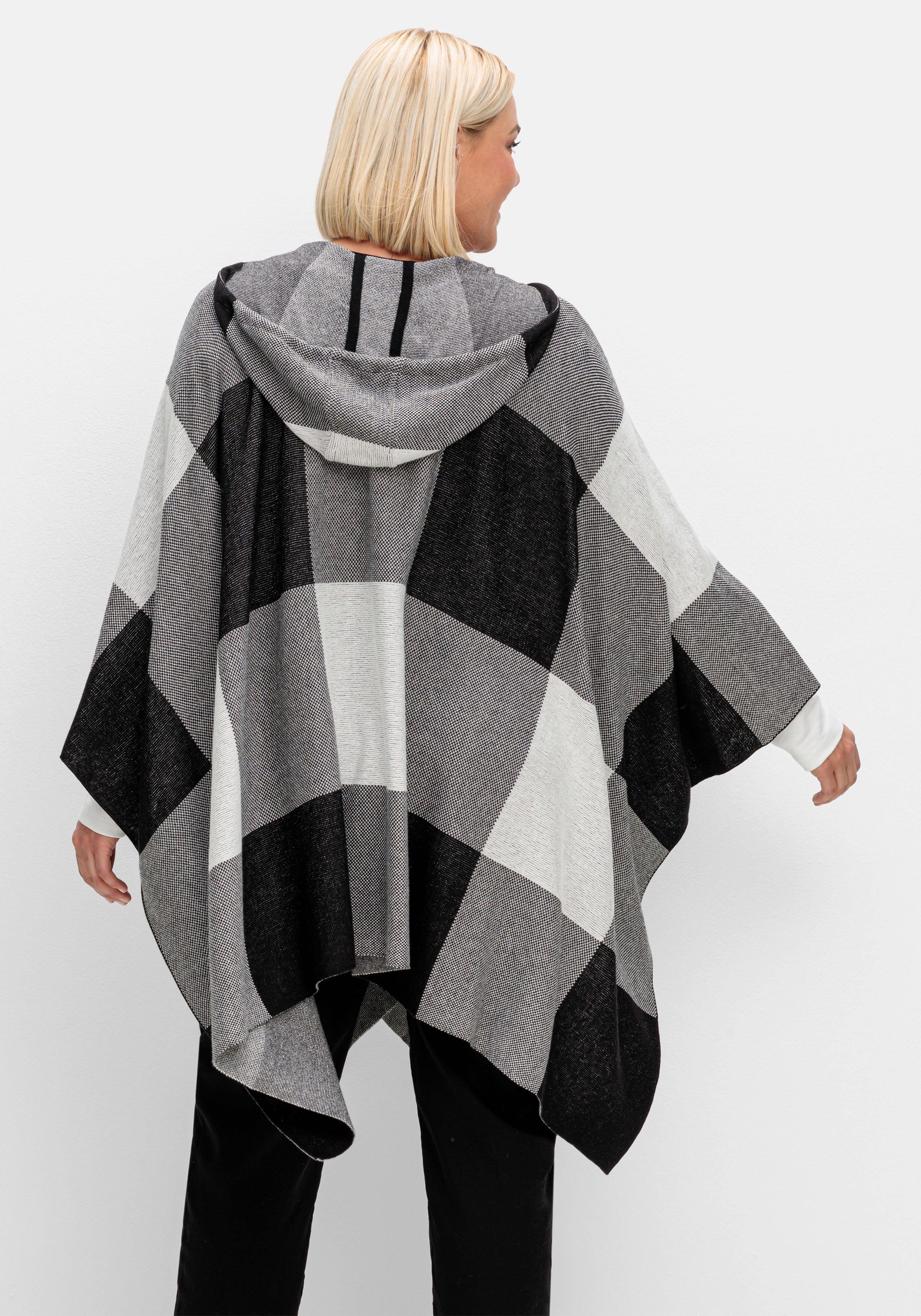 Kariertes Poncho-Cape mit Kapuze, offene Form
