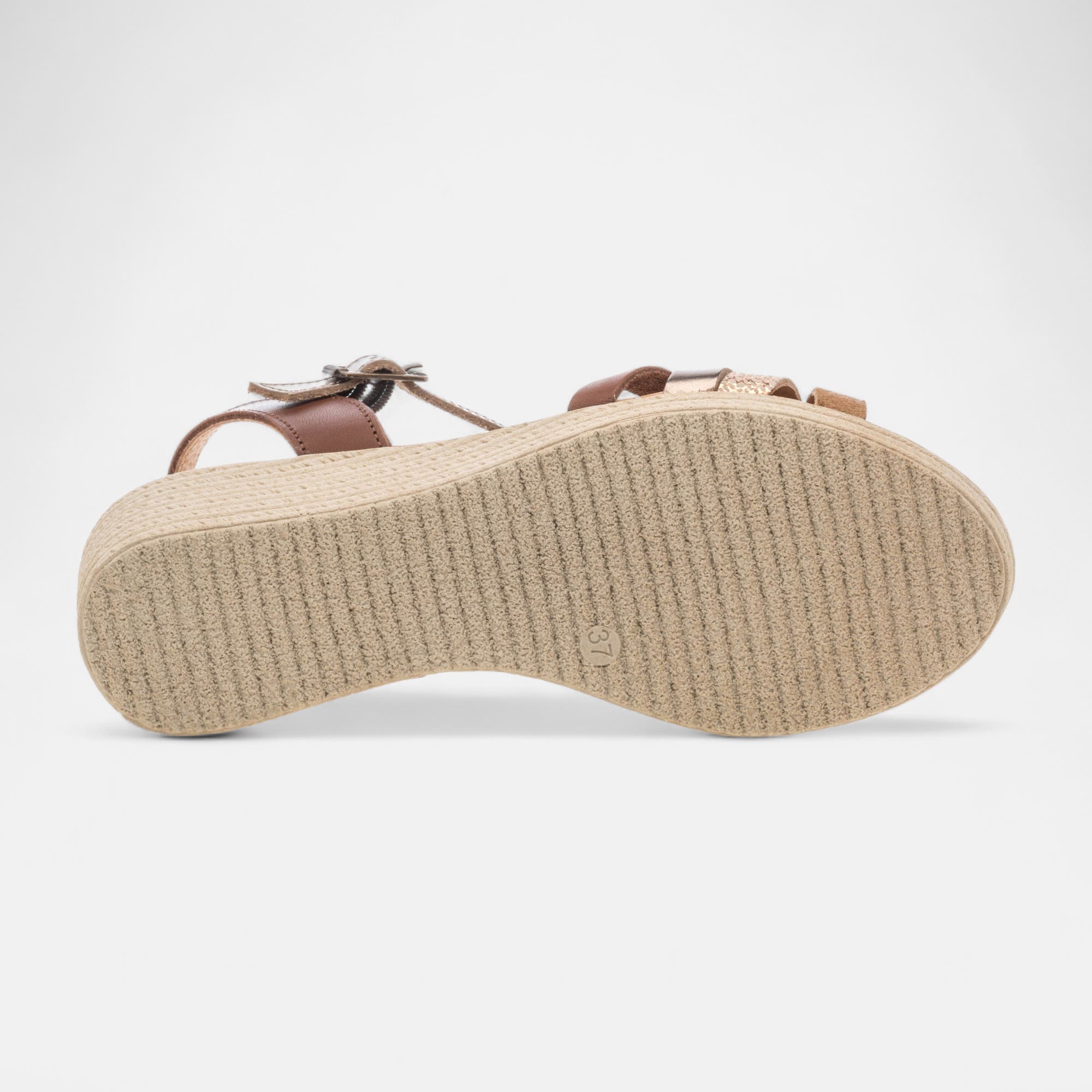 Sandales à talon compensé Femme en cuir cognac