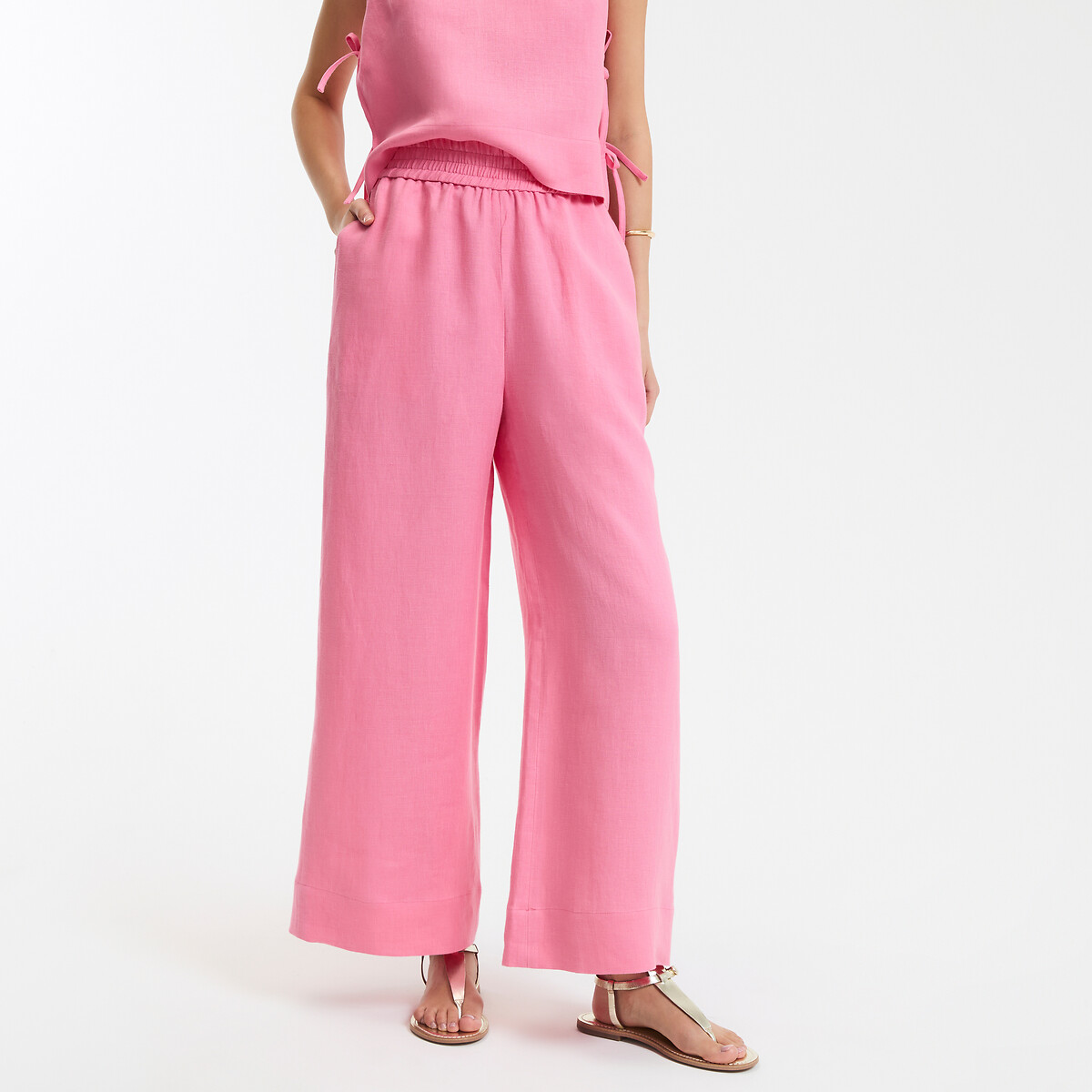COLEÇÕES LA REDOUTE<br>Calças largas de linho, fabricadas na França
