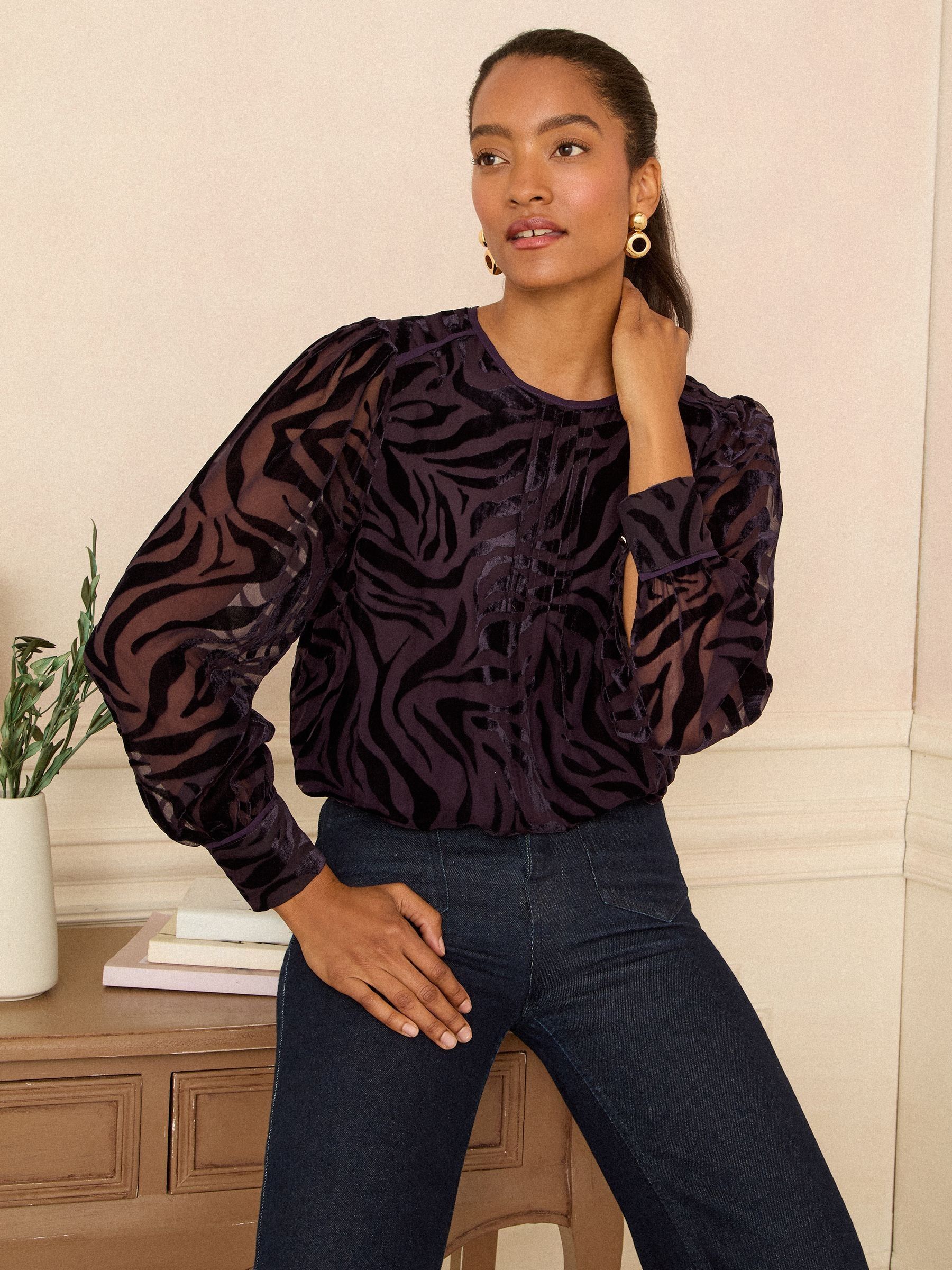 Paars met zebraprint - Love & Roses Crew Neck Long Sleeve Burnout Blouse