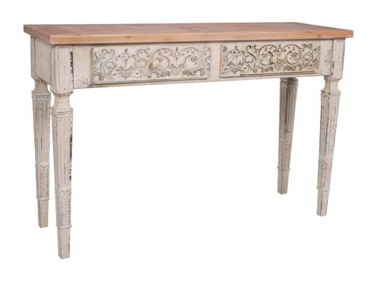 Console en bois blanc vieilli et naturel avec 2 tiroirs 120x40x78h cm