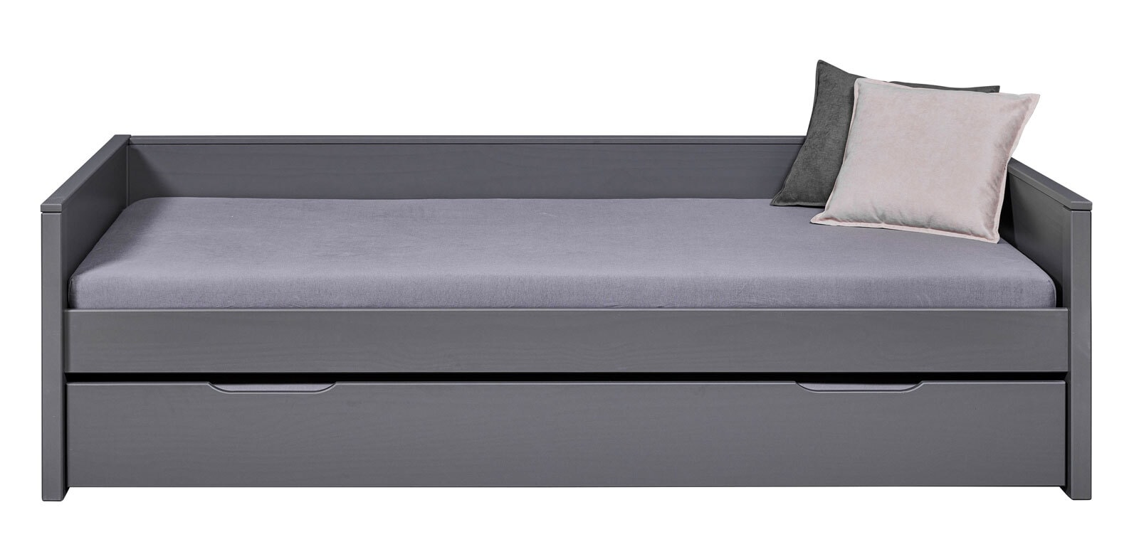 Stauraum-/ Funktionsbett Niels 90 x 200 cm Kiefer massiv grau lackiert