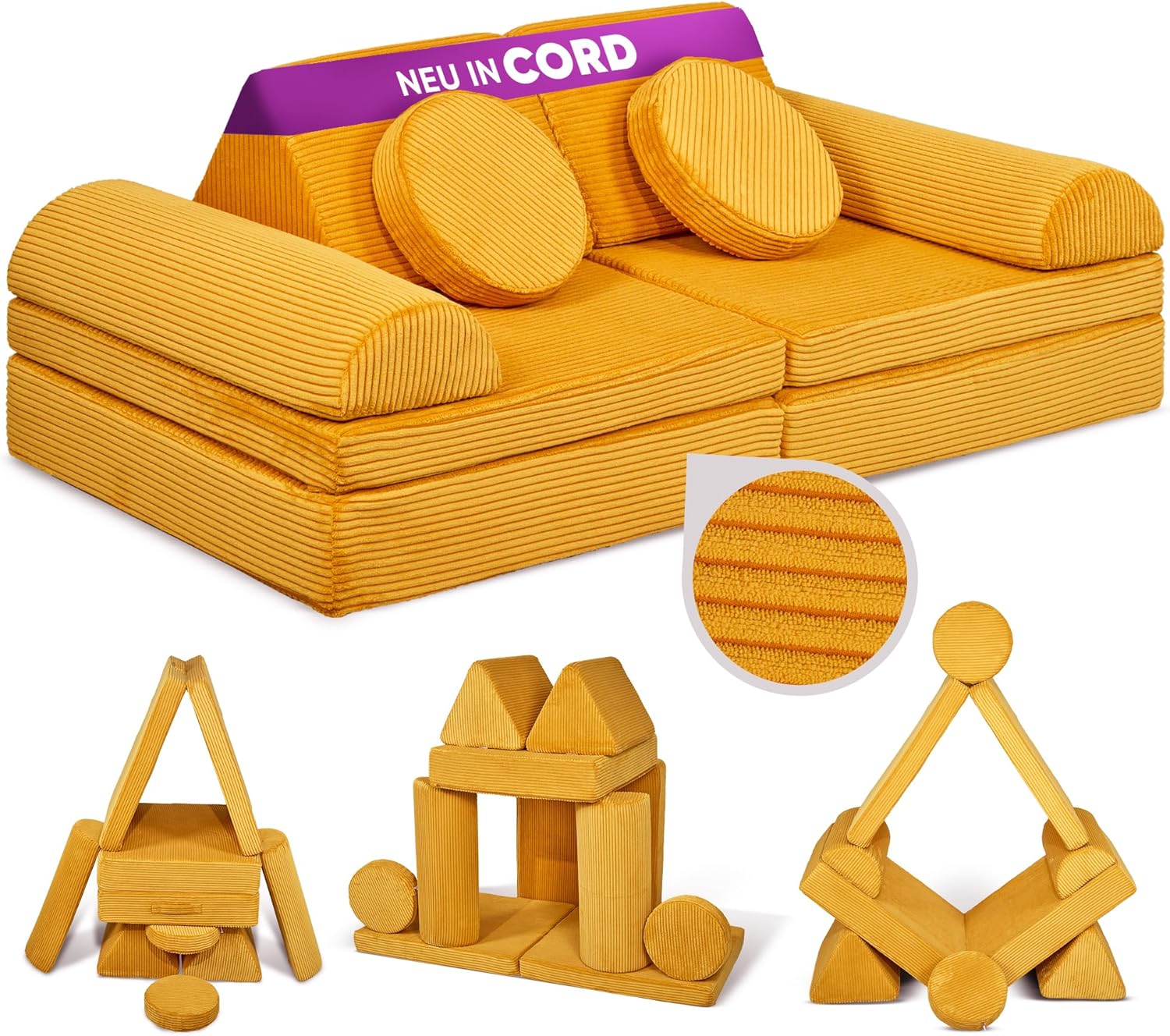 Linodino® Spielsofa Cord Fantasiewelt, Kindersofa-Bausteine - Stapelsteine für Kinder - Kindercouch, Sofa-Kuschelecke | Schaumstoff-Softbausteine | Oeko-TEX 100 Zertifiziert | Gänseblümchen Gelb
