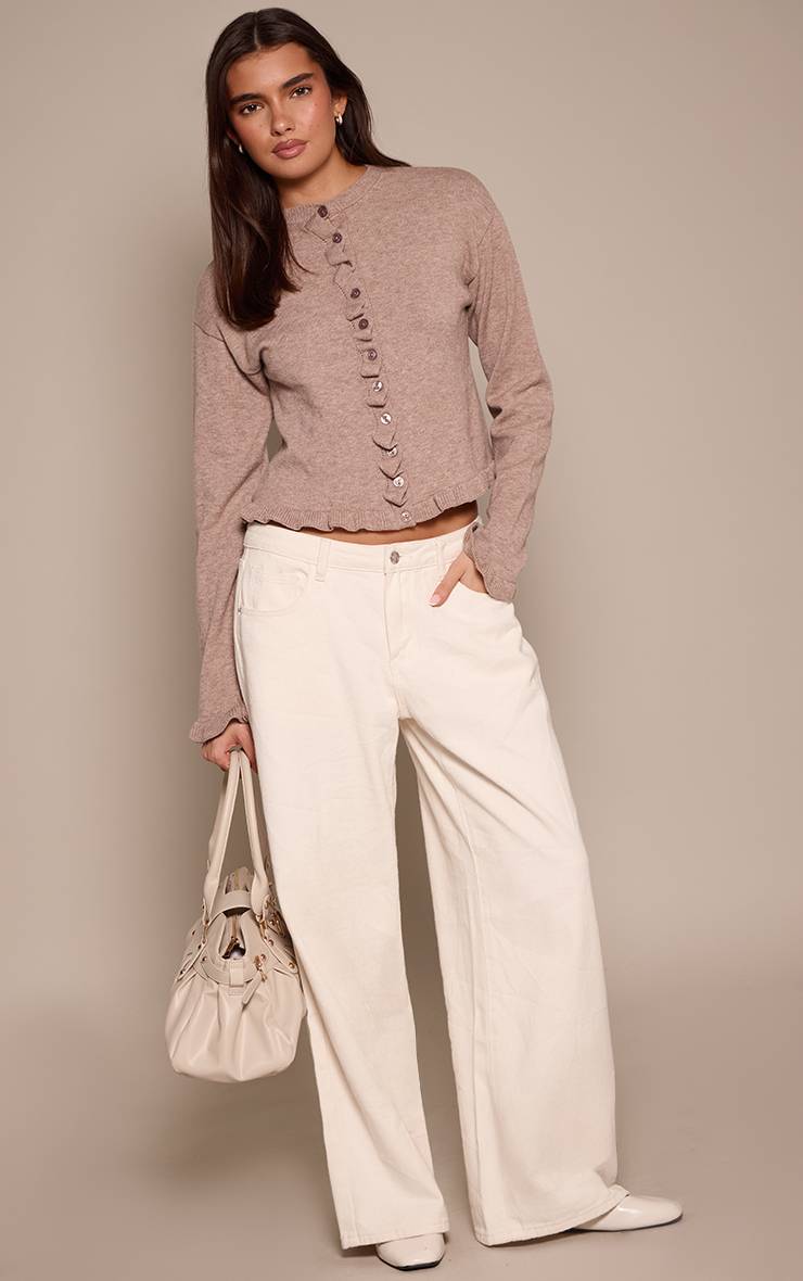Taupe Cardigan En Maille À Détails Volantés