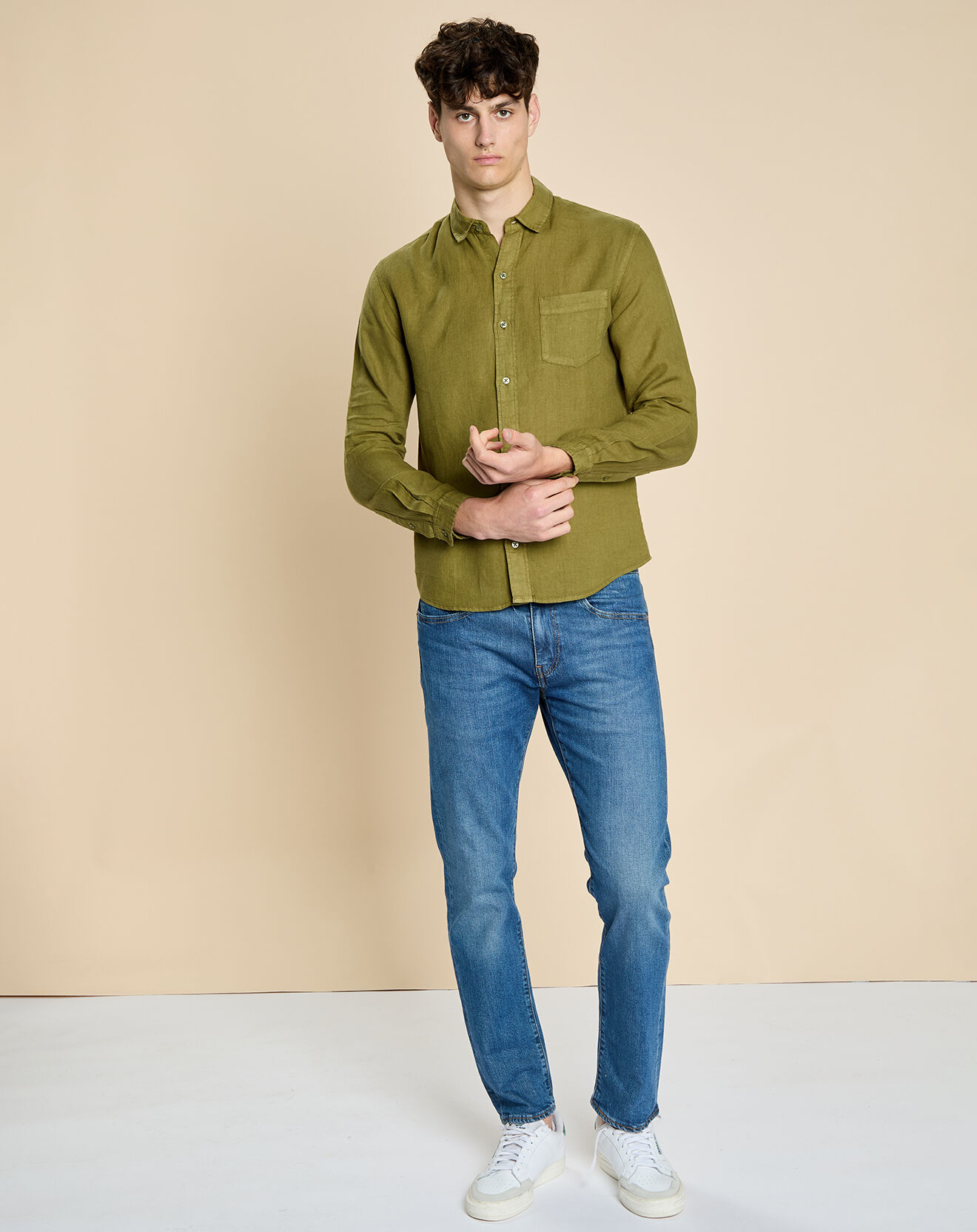 Harris Wilson Chemise slim 100% Lin Danny olive