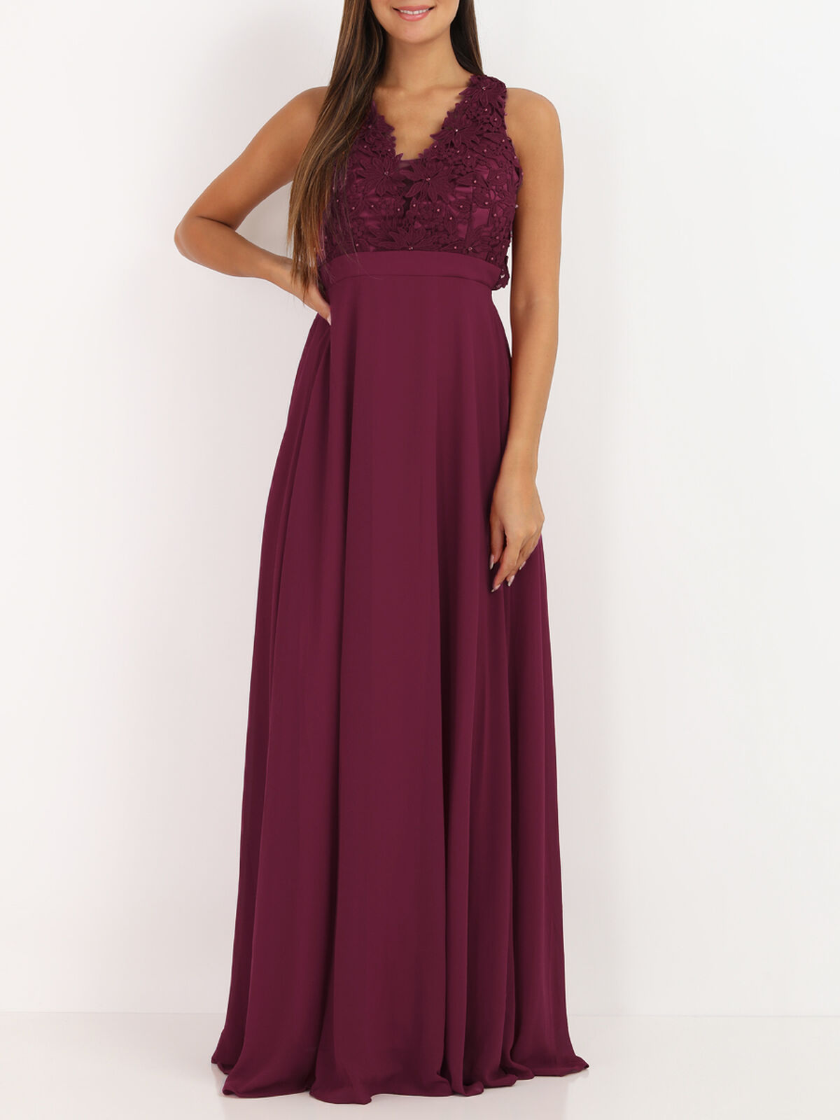 Robe longue à broderies fleuries- Bordeaux