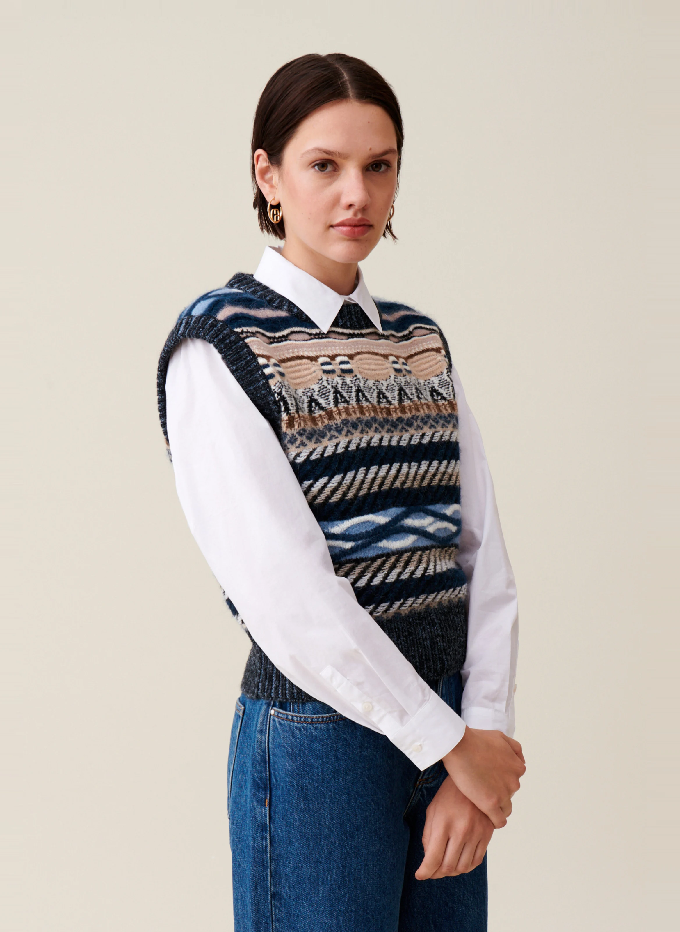 Pull court sans manches rayé en laine mélangée | Multicolore
